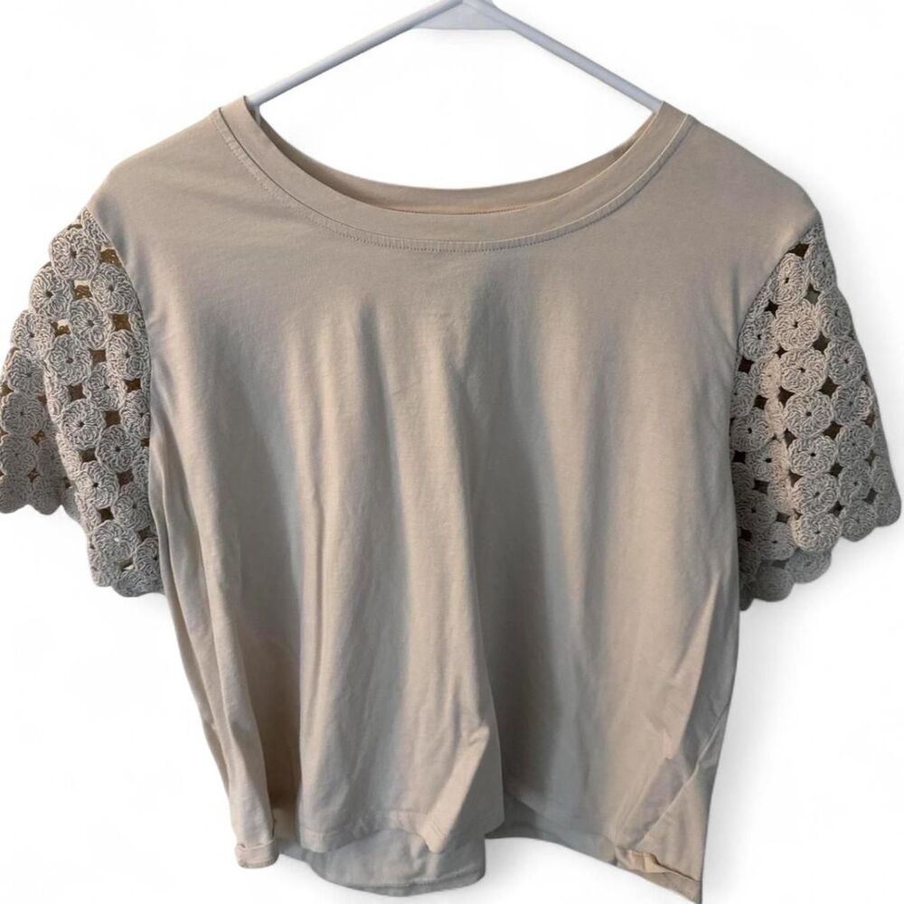 Joie Women's XL Crochet Sleeve Cream Blouse Short Sleeve Top